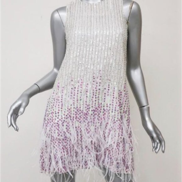 Taylor Swift Dress Allegra White Beaded & Feather Embellished Mini - Picture 2 of 8